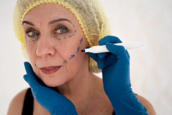 Mature woman with facial markings prepared for PDO thread lift procedure showing treatment areas