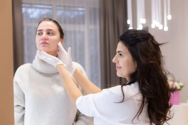 Medical professional examining patient's face and jawline during thread lift consultation in clinical setting