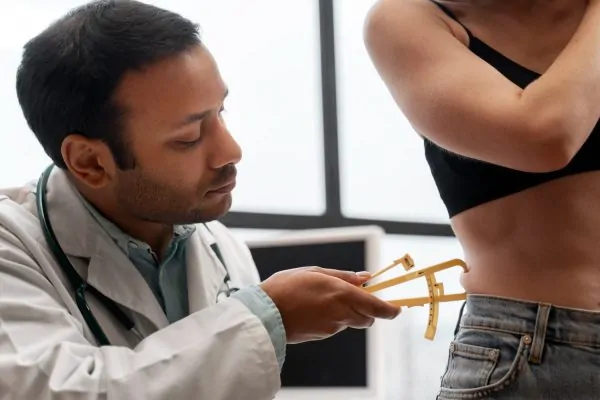 Physician using body fat calipers to measure a patient's midsection during a weight loss assessment with diabetes medication