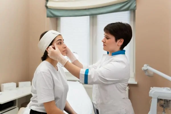 Qualified practitioner examining patient's facial anatomy before dermal filler procedure