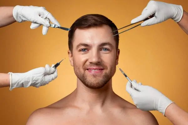 Smiling man surrounded by multiple gloved hands holding syringes and surgical instruments near his face, illustrating common misconceptions about Botox procedures.