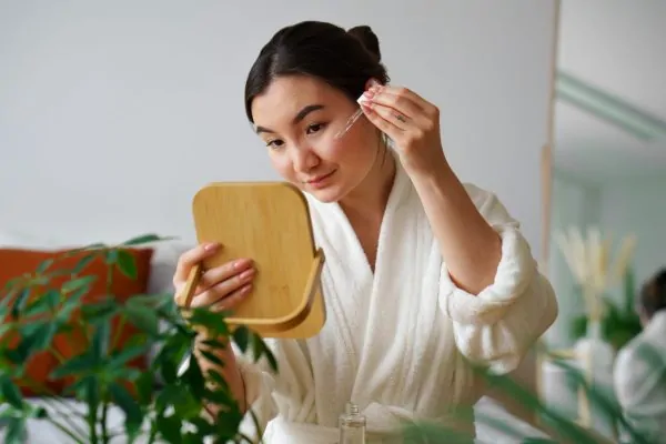Woman applying peptide serum to face for skin health and anti-aging benefits