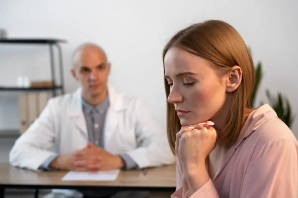 Woman contemplating hernia treatment options during consultation with surgeon about tummy tuck procedure