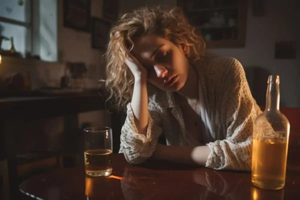 Woman looking distressed with alcohol at table, highlighting risks to liposuction results from post-surgery drinking