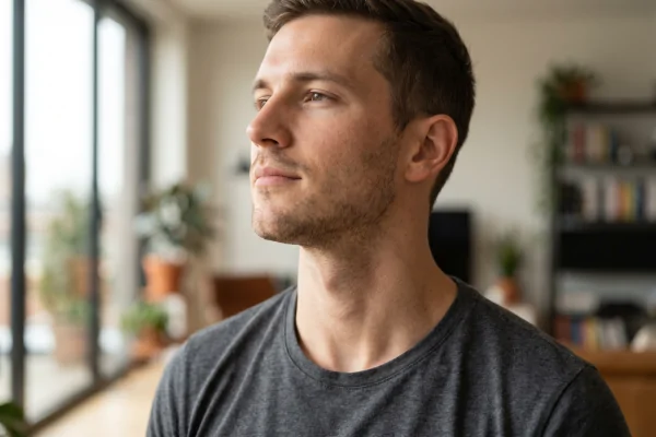 Close-up of a young man's defined jawline and contoured neck