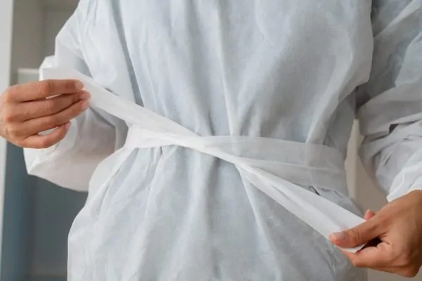 Front view doctor tying gown strap