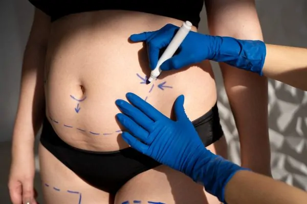Side view hands drawing on woman's body for Liposuction