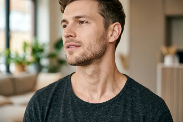 Young man with a defined neck and jawline